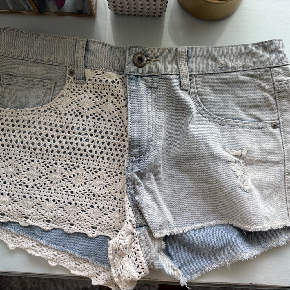 Blue Asphalt Blue and Cream Jean Shorts with Lace Trim